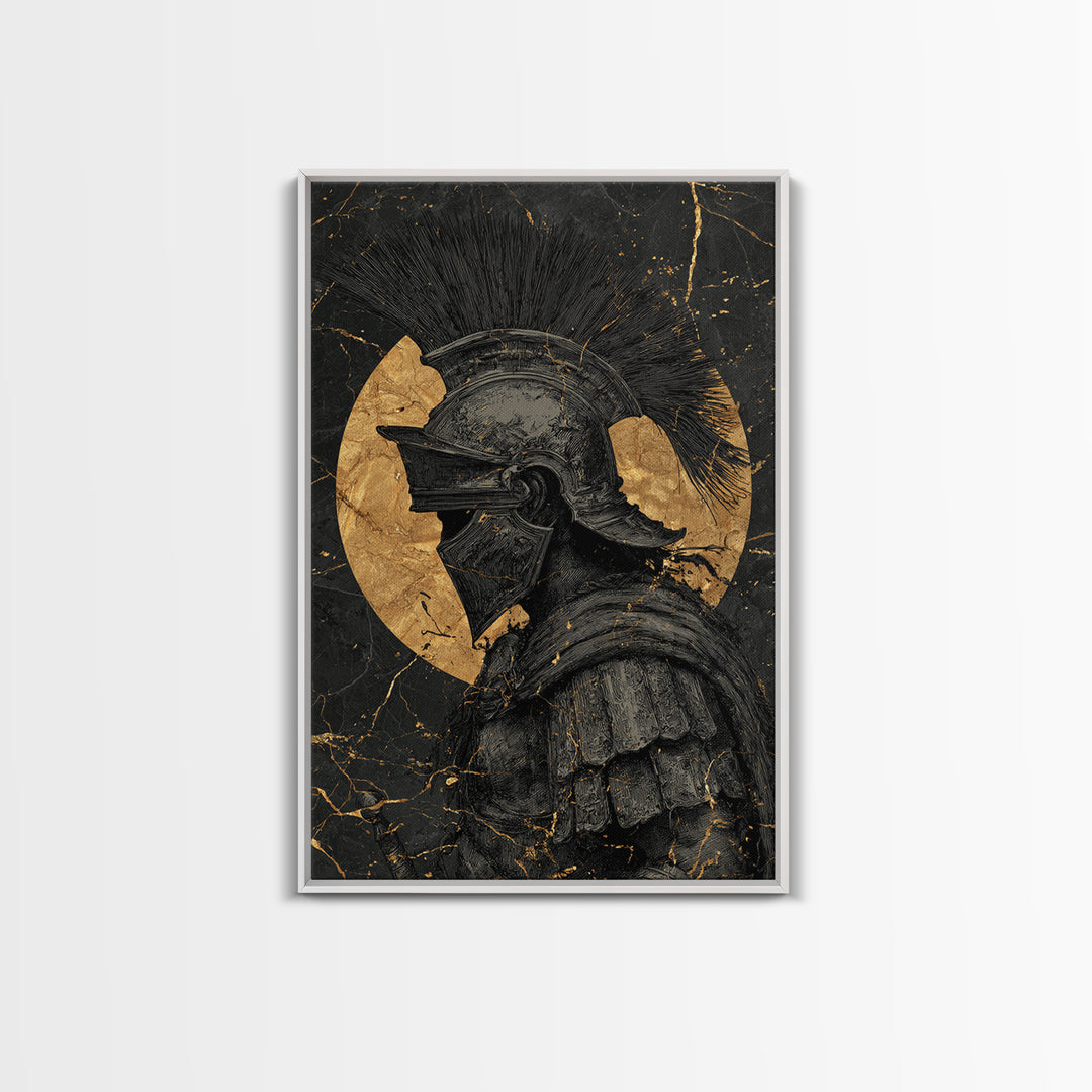 Roman Warrior Gold Canvas Print, Ancient Soldier Wall Art On Canvas, Real Wood Frame Decor, Historical Mythology Artwork