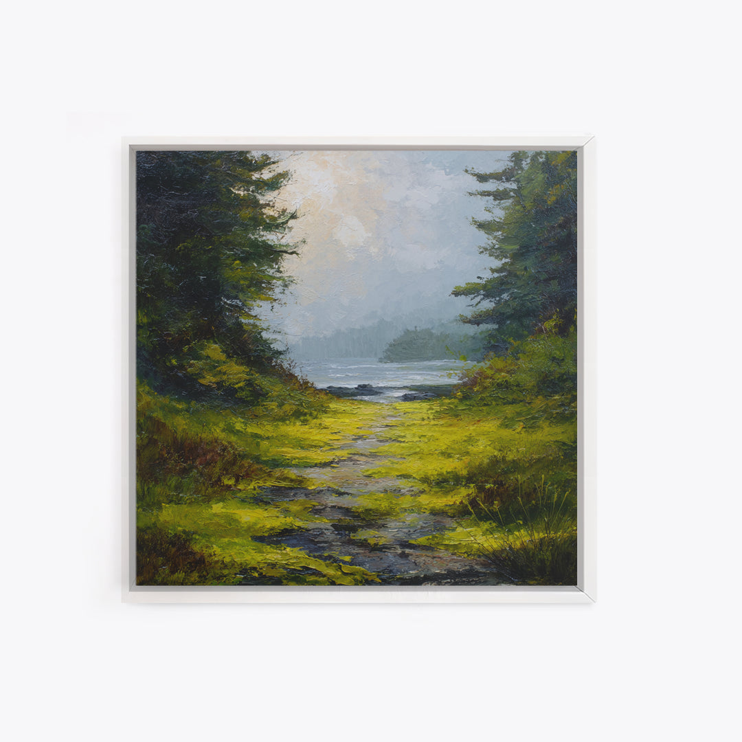 Sunlit Forest Path Framed Canvas Print, Nature Art, Bird Wall Art, Living Room Decor, Fine Art, Nature, Textured Painting, NAT-1x1-1