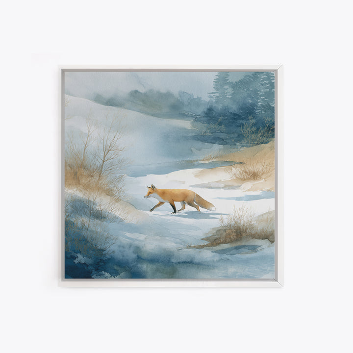 Fox Crossing a Snowy Forest Clearing Canvas Print, Nature Art, Stained Glass Art, Living Room Decor, Fine Art, Nature, NAT-1x1-10