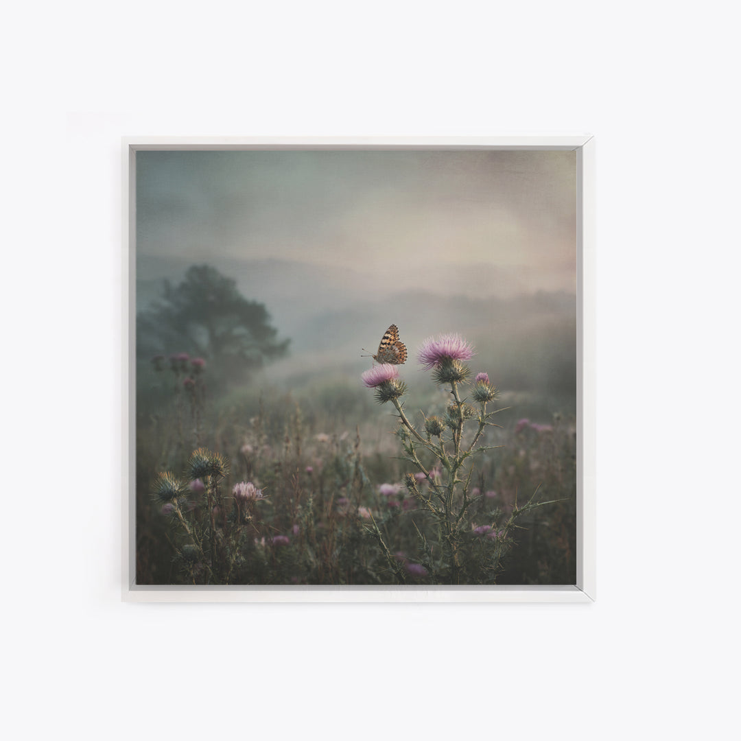 Butterfly Resting on a Blooming Thistle Framed Canvas Print, Nature Art, Mountain Art, Living Room Decor, Watercolor Art, NAT-1x1-100