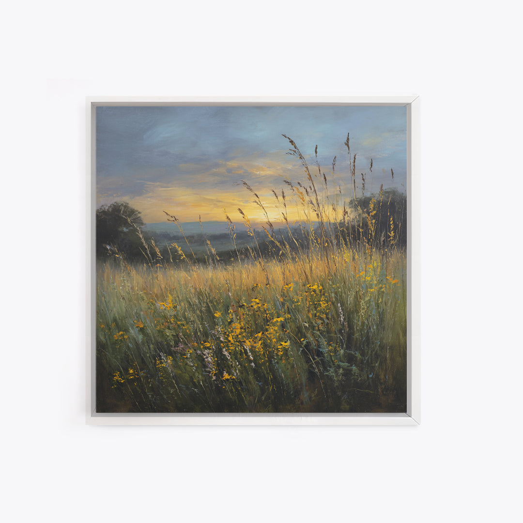 Sunrise Through Tall Grass and Wildflowers Framed Canvas Print, Nature Art, Framed Art, Living Room Decor, Watercolor Art, NAT-1x1-11