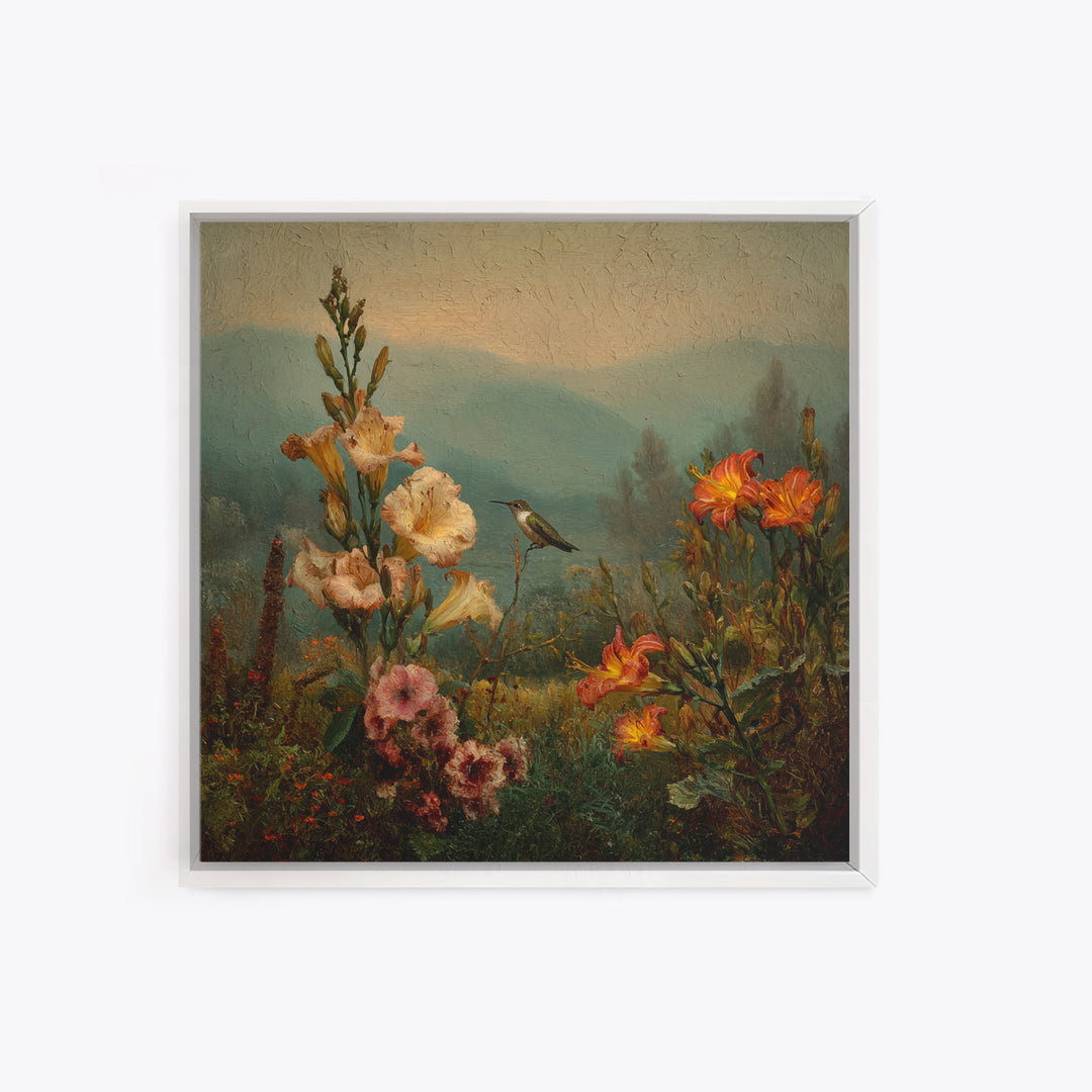 Hummingbird Beside Bright Trumpet Flowers Framed Canvas Print, Nature Art, Art, Living Room Decor, Oil Painting, Nature, NAT-1x1-12