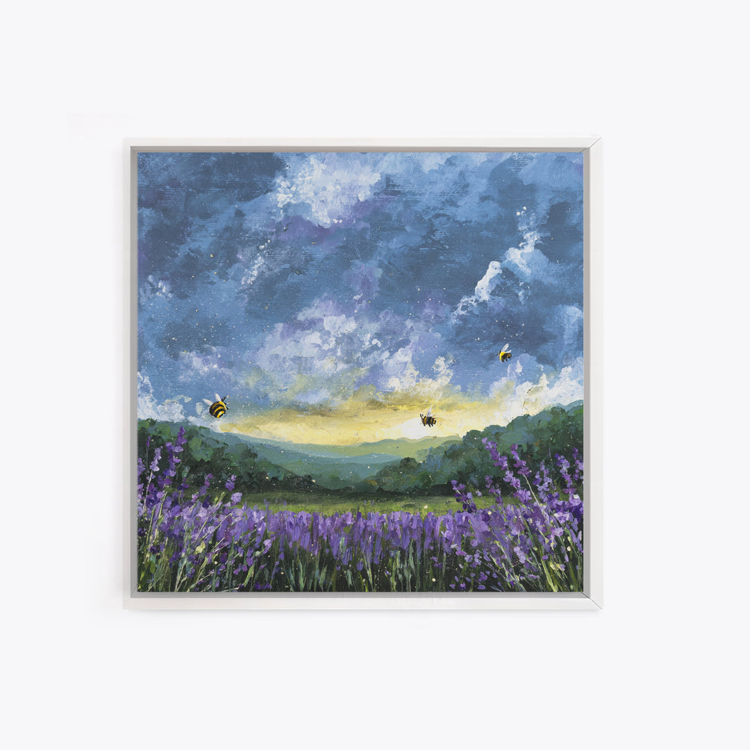 Bees Circling Lavender Blossoms Canvas Print, Nature Art, Original Painting, Living Room Decor, Nature, Mountain Wall Art, NAT-1x1-23