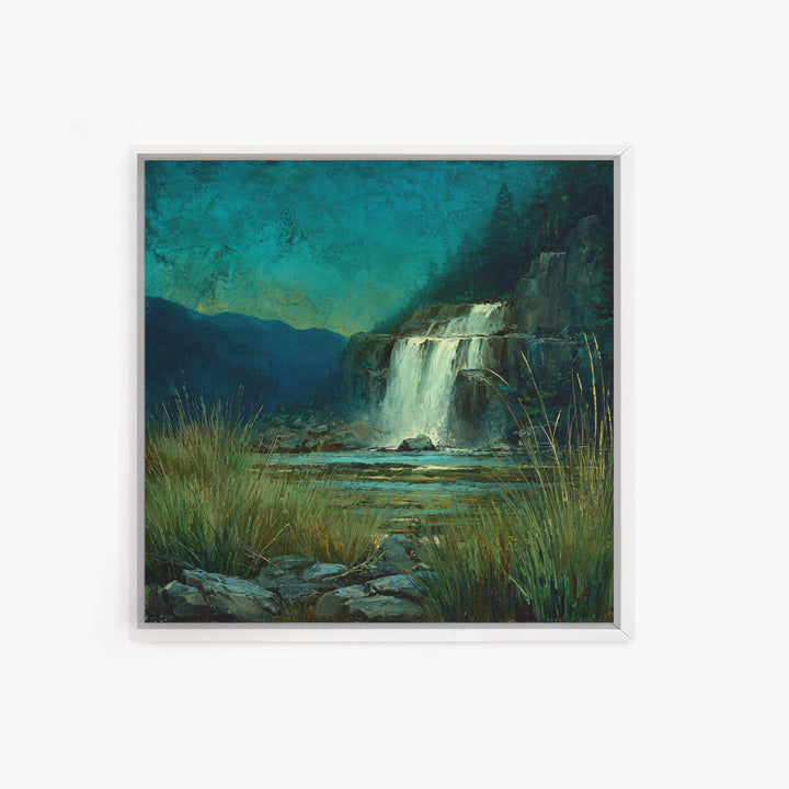 Waterfall Hidden Among Dark Green Rocks Framed Canvas Print, Nature Art, 3d Wall Art, Living Room Decor, Fine Art, Nature, NAT-1x1-27