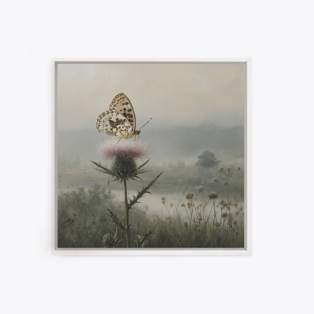 Butterfly Resting on a Blooming Thistle Framed Canvas Print, Nature Art, Living Room Decor, Oil Painting, Nature, NAT-1x1-28