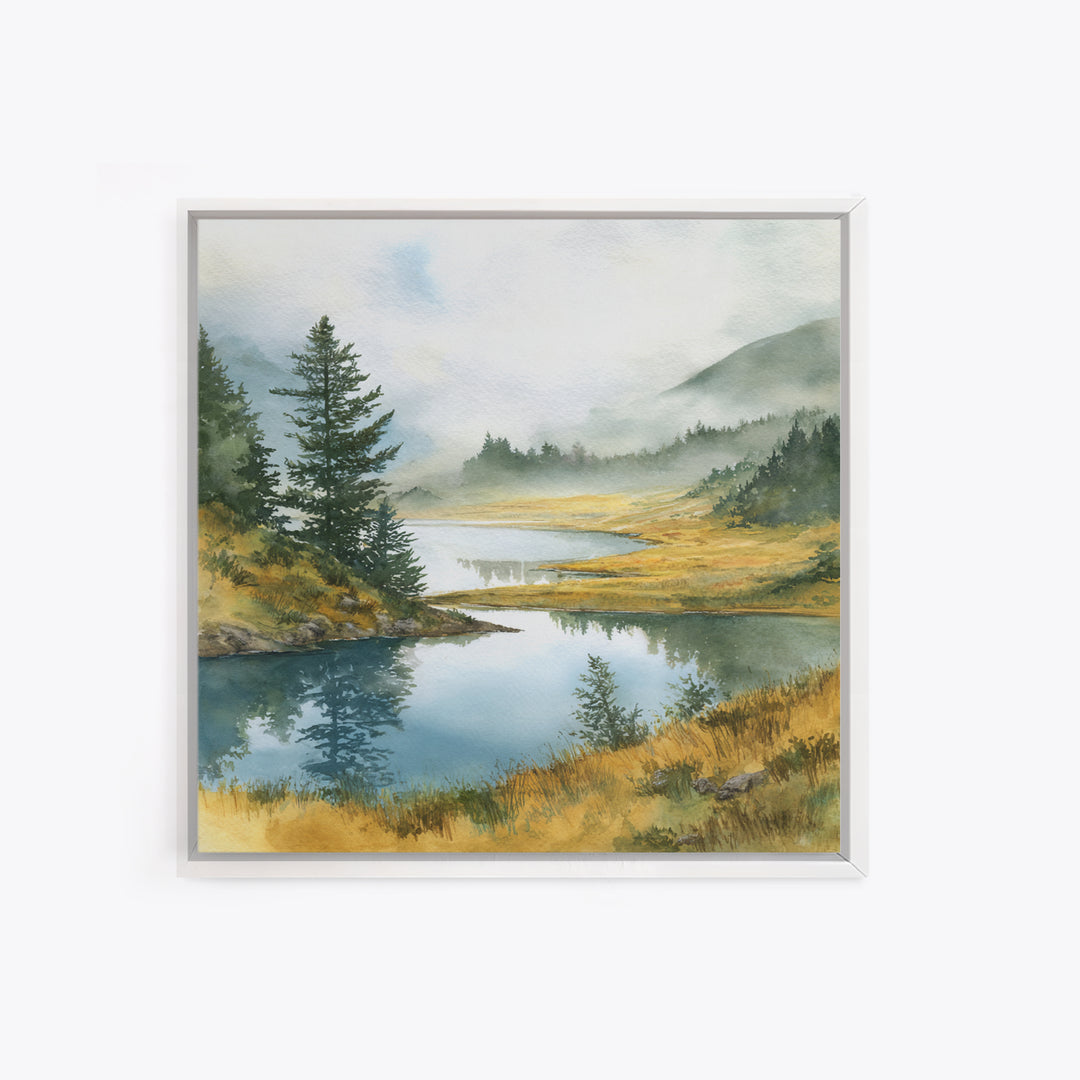 Misty Mountain Lake Framed Canvas Print, Nature Art, Fine Art Print, Living Room Decor, Watercolor Art, Nature, Poster, NAT-1x1-29