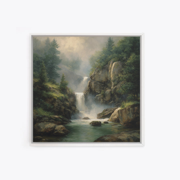 Waterfall Hidden Among Dark Green Rocks Canvas Print, Nature Art, Floral, Living Room Decor, Abstract Art, Nature, Moss Art, NAT-1x1-3