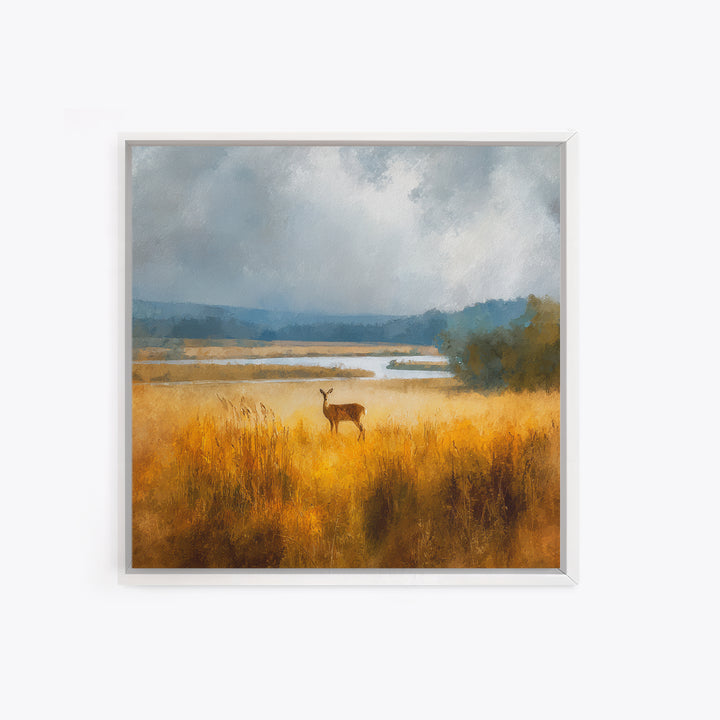 Deer Standing in a Golden Field Framed Canvas Print, Nature Art, Gallery Decor, Living Room Decor, Fine Art, Nature, NAT-1x1-32