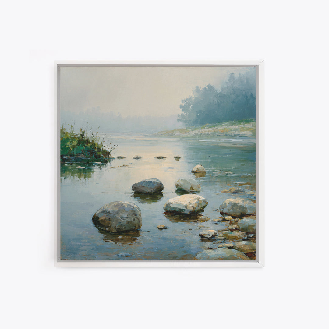 River Stones under Clear Shallow Water Framed Canvas Print, Nature Art, Mountain Art, Living Room Decor, Oil Painting, Nature, NAT-1x1-37