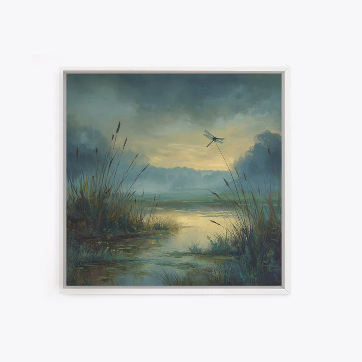 Dragonfly over a Pond with Reeds Framed Canvas Print, Nature Art, Moss Art, Living Room Decor, Abstract Art, Nature, NAT-1x1-42
