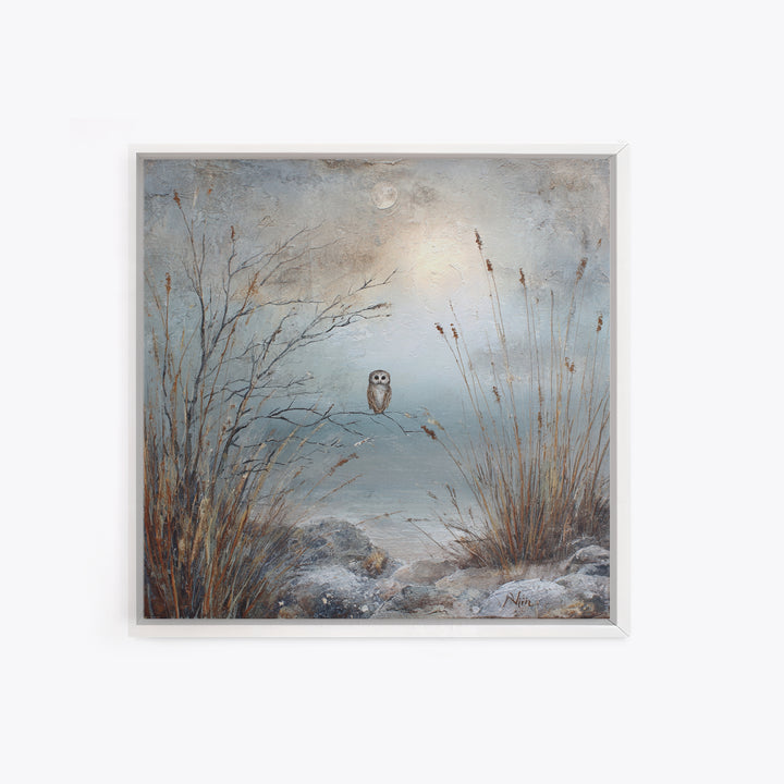 Owl in Moonlit Branches Framed Canvas Print, Nature Art, Living Room Wall Art, Living Room Decor, Nature, Neutral Decor, NAT-1x1-43