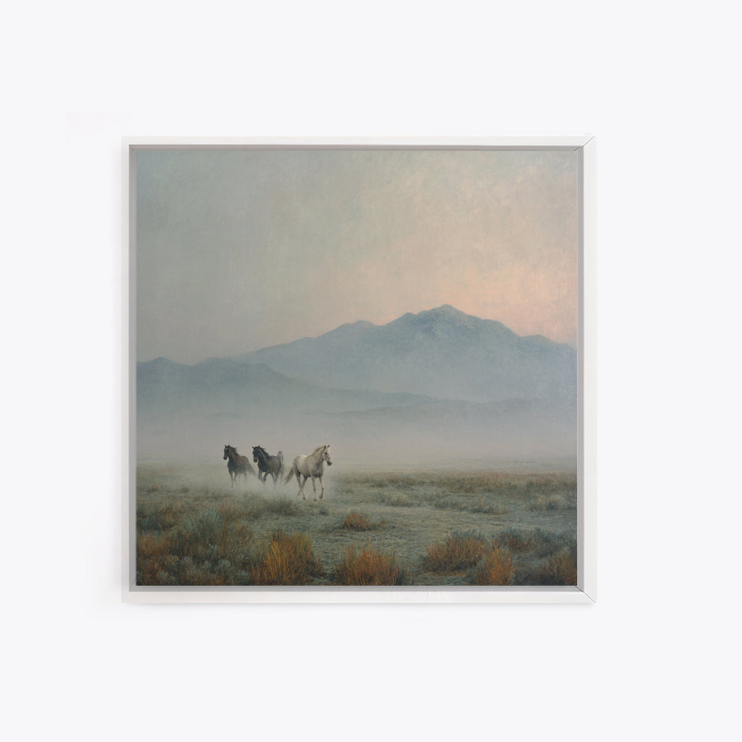 Wild Horses Running Near Mountain Ridge Framed Canvas Print, Nature Art, Landscape Art, Living Room Decor, Oil Painting, Nature, NAT-1x1-46