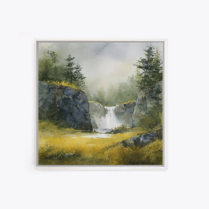 Waterfall Hidden Among Dark Green Rocks Framed Canvas Print, Nature Art, Bird Wall Art, Living Room Decor, Oil Painting, Nature, NAT-1x1-51