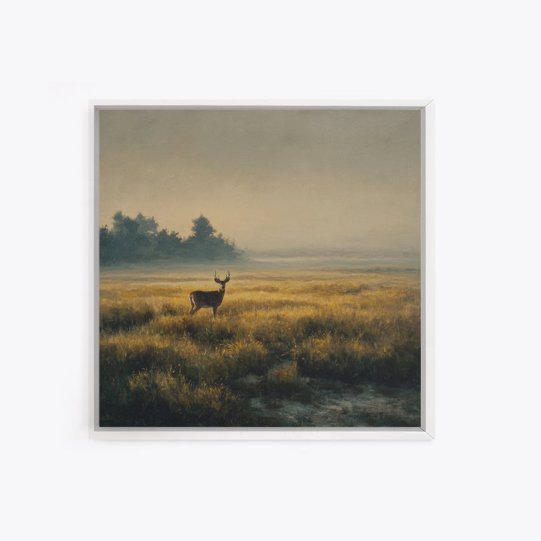 Deer Standing in a Golden Field Framed Canvas Print, Nature Art, Floral, Living Room Decor, Fine Art, Nature, Moss Art, NAT-1x1-56