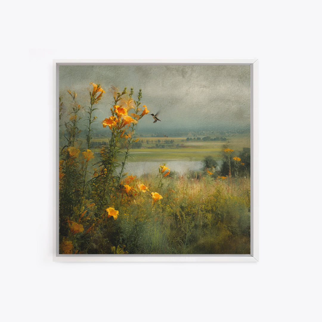 Hummingbird Beside Bright Trumpet Flowers Canvas Print, Nature Art, Stained Glass Art, Living Room Decor, Fine Art, Nature, NAT-1x1-60