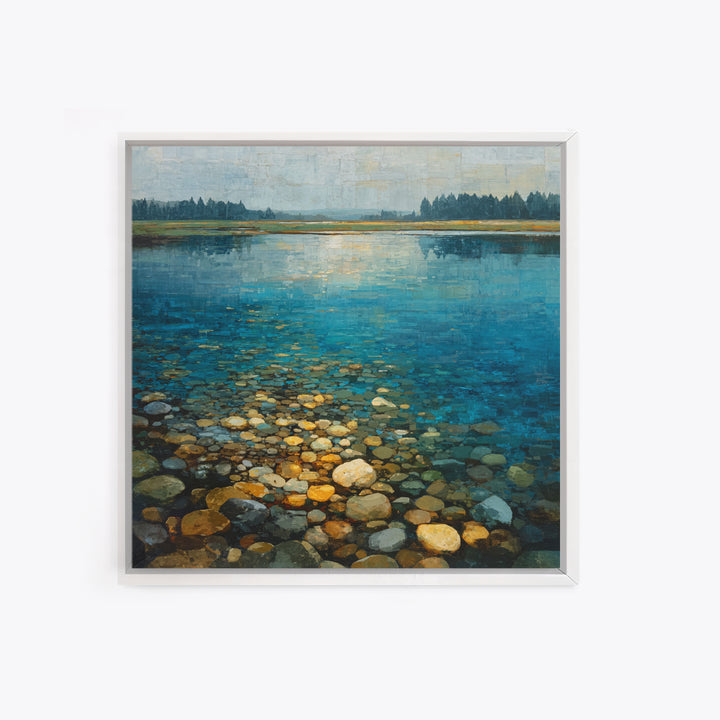 River Stones under Clear Shallow Water Framed Canvas Print, Nature Art, Mountain Art, Living Room Decor, Oil Painting, Nature, NAT-1x1-61