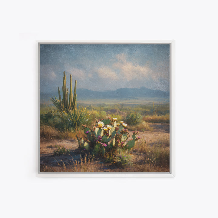 Desert Cactus Blooming After Rain Framed Canvas Print, Nature Art, Moss Art, Living Room Decor, Oil Painting, Nature, NAT-1x1-68