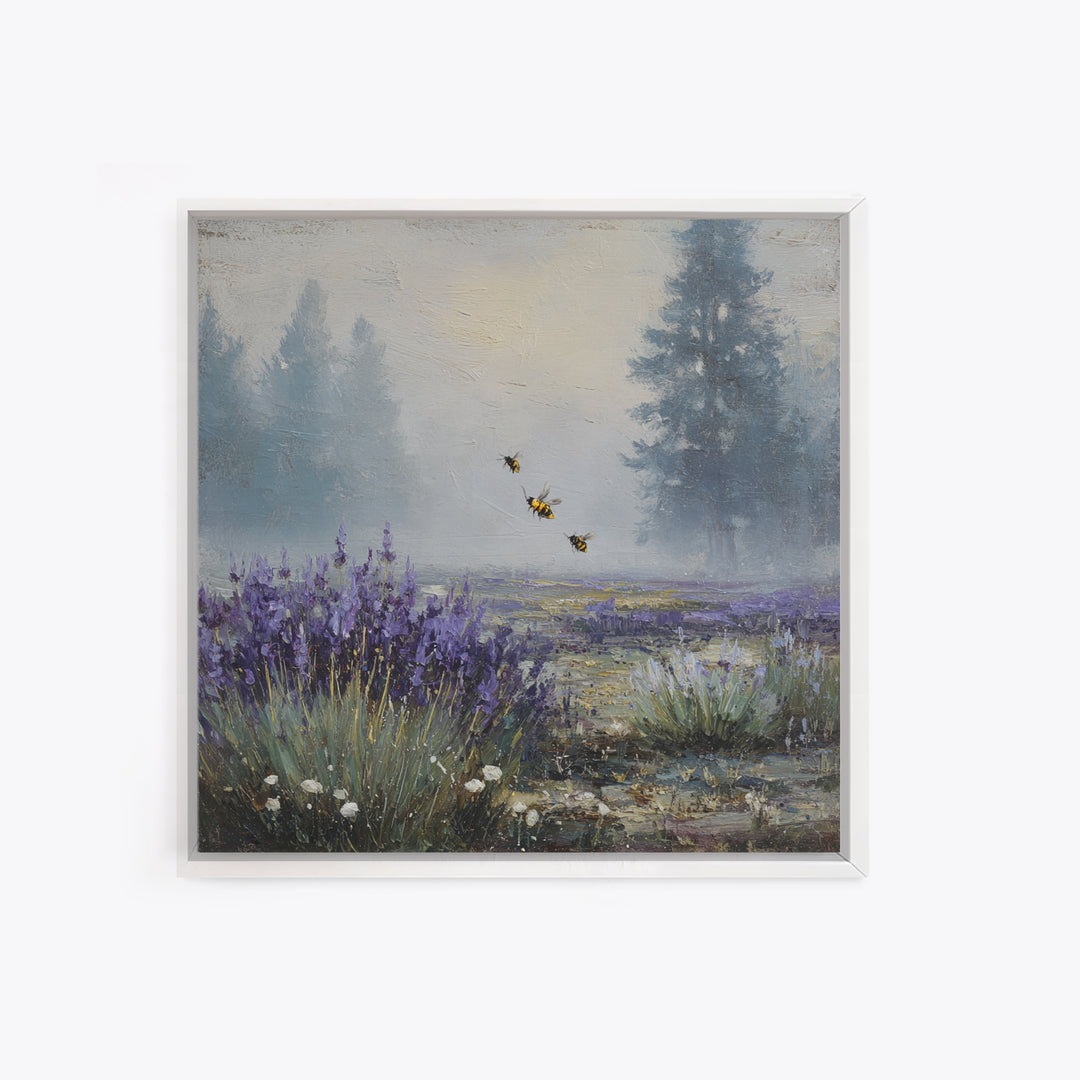 Bees Circling Lavender Blossoms Framed Canvas Print, Nature Art, Ocean Art, Living Room Decor, Fine Art, Nature, Art Print, NAT-1x1-71