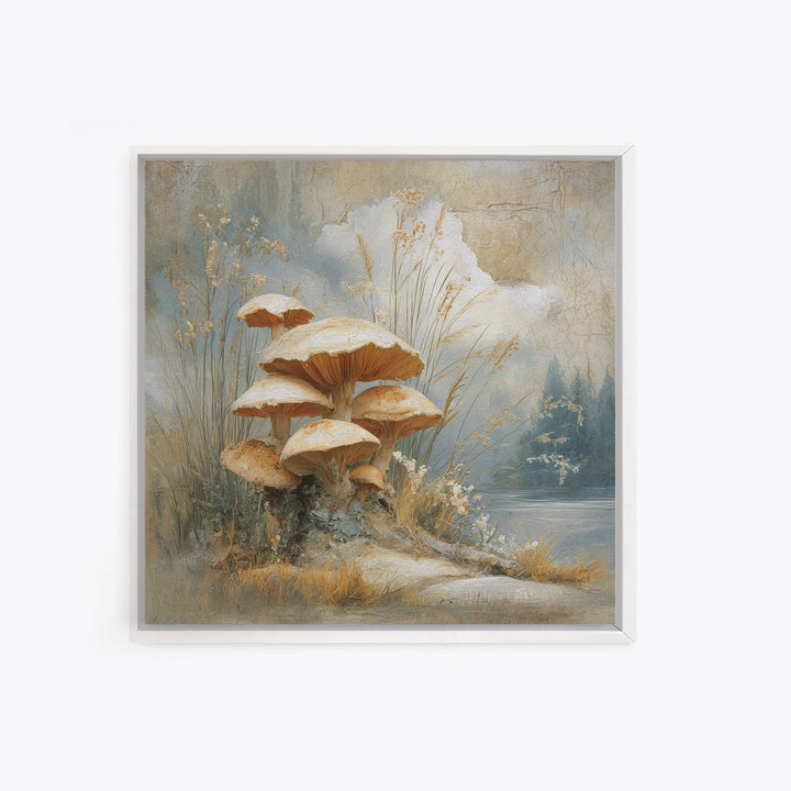 Mushroom Cluster in Enchanted Woodland Framed Canvas Print, Nature Art, Fine Art Print, Living Room Decor, Oil Painting, Nature, NAT-1x1-79