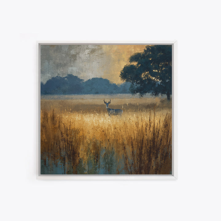 Deer Standing in a Golden Field Framed Canvas Print, Nature Art, Wall Hangings, Living Room Decor, Nature, Stained Glass Art, NAT-1x1-8