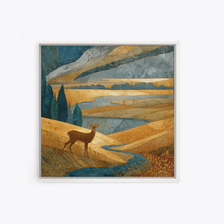 Deer Standing in a Golden Field Framed Canvas Print, Nature Art, Modern Decor, Living Room Decor, Fine Art, Nature, Home Decor, NAT-1x1-80