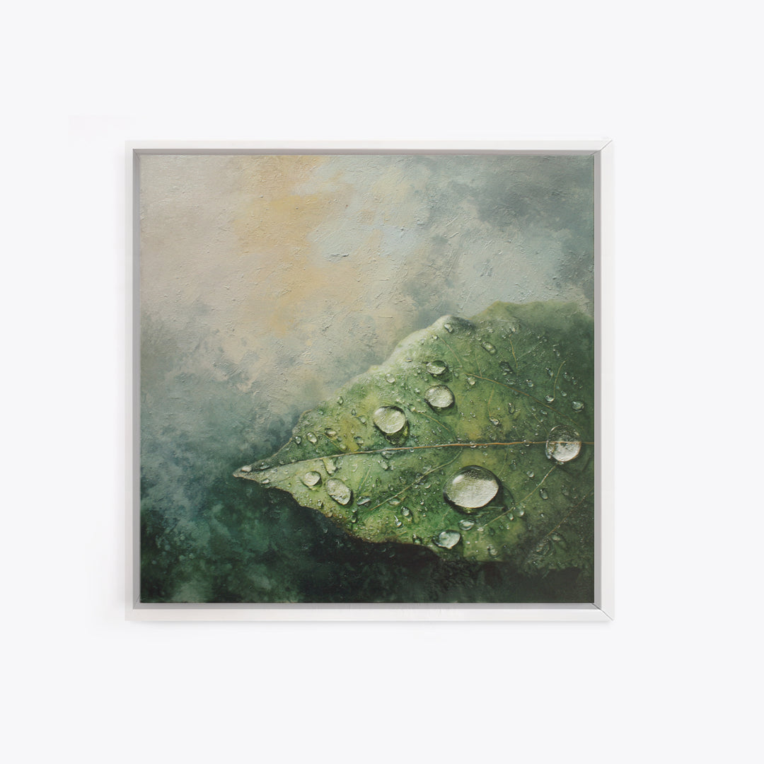 Rain Drops on a Large Green Leaf Canvas Print, Nature Art, Textured Painting, Living Room Decor, Oil Painting, Nature, NAT-1x1-81