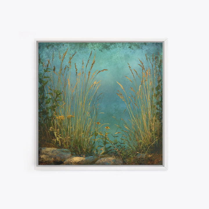 Sunrise Through Tall Grass and Wildflowers Framed Canvas Print, Nature Art, Statement Artwork, Living Room Decor, Oil Painting, NAT-1x1-83