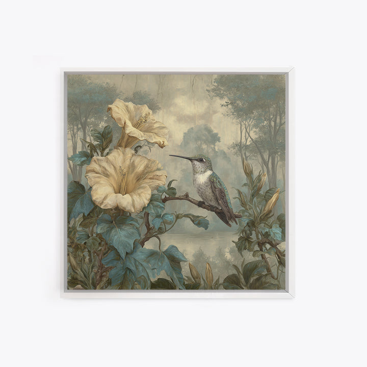 Hummingbird Beside Bright Trumpet Flowers Framed Canvas Print, Nature Art, Ocean Art, Living Room Decor, Fine Art, Nature, NAT-1x1-84