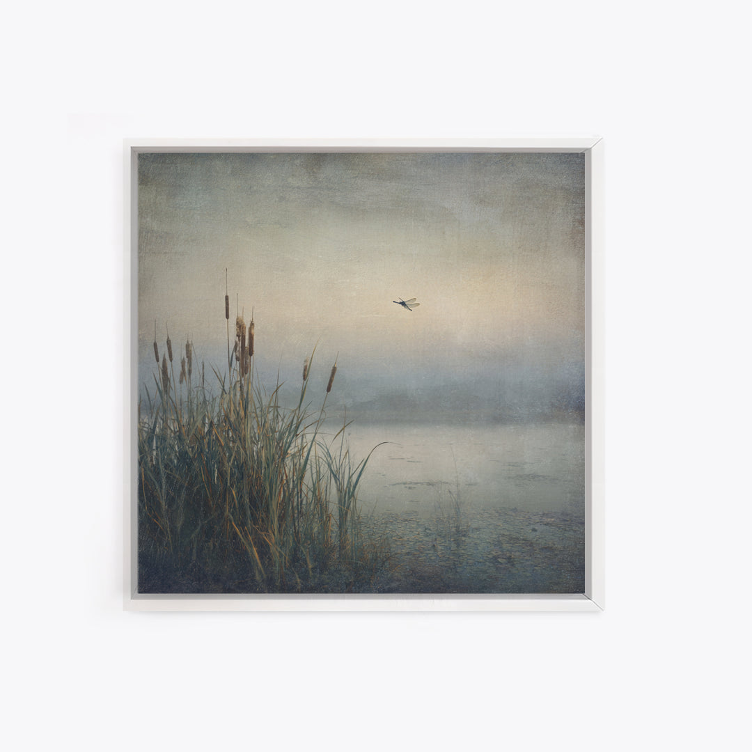 Dragonfly over a Pond with Reeds Canvas Print, Nature Art, Nature Wall Art, Living Room Decor, Fine Art, Nature, NAT-1x1-90