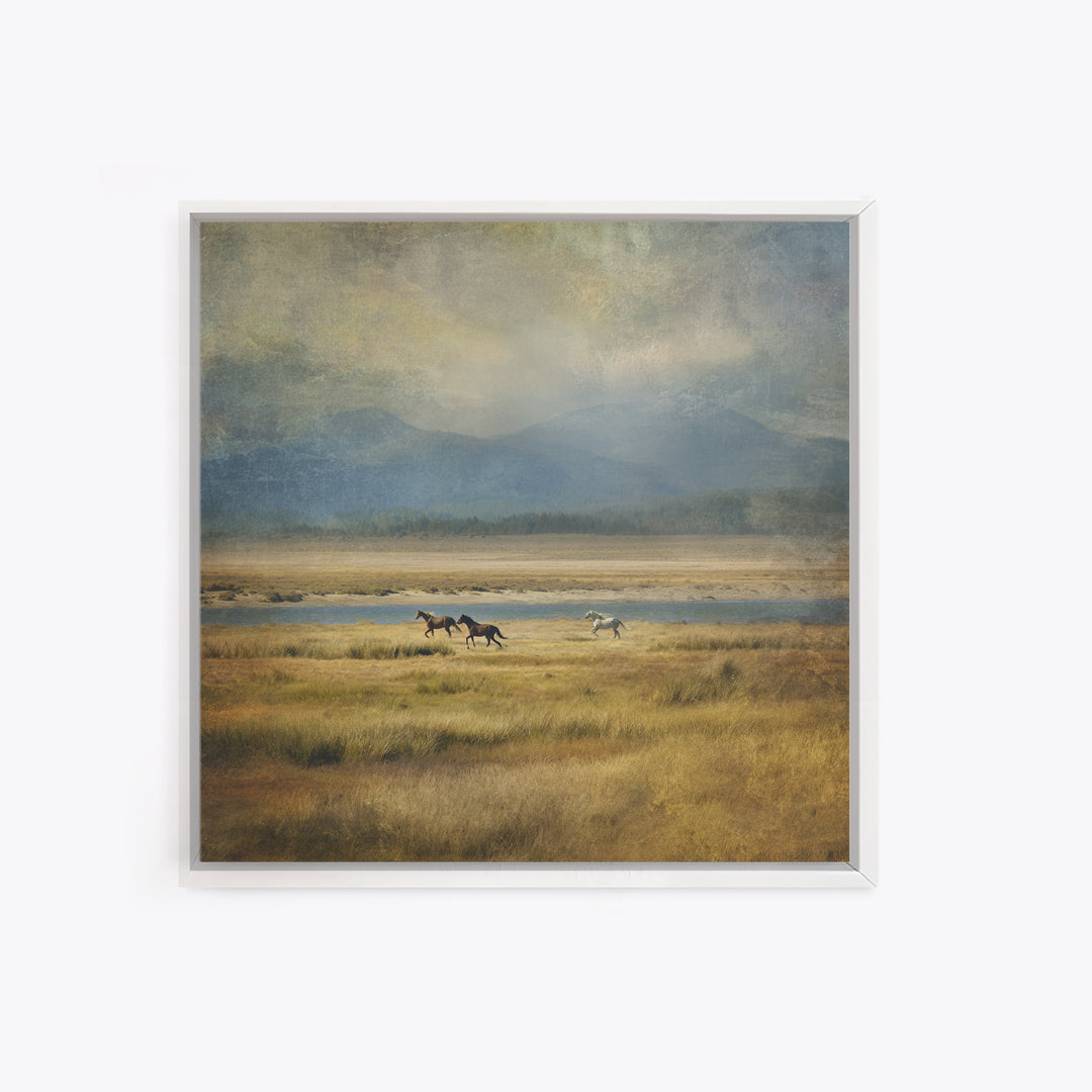 Wild Horses Running Near Mountain Ridge Canvas Print, Nature Art, Landscape Print, Living Room Decor, Fine Art, Nature, NAT-1x1-94