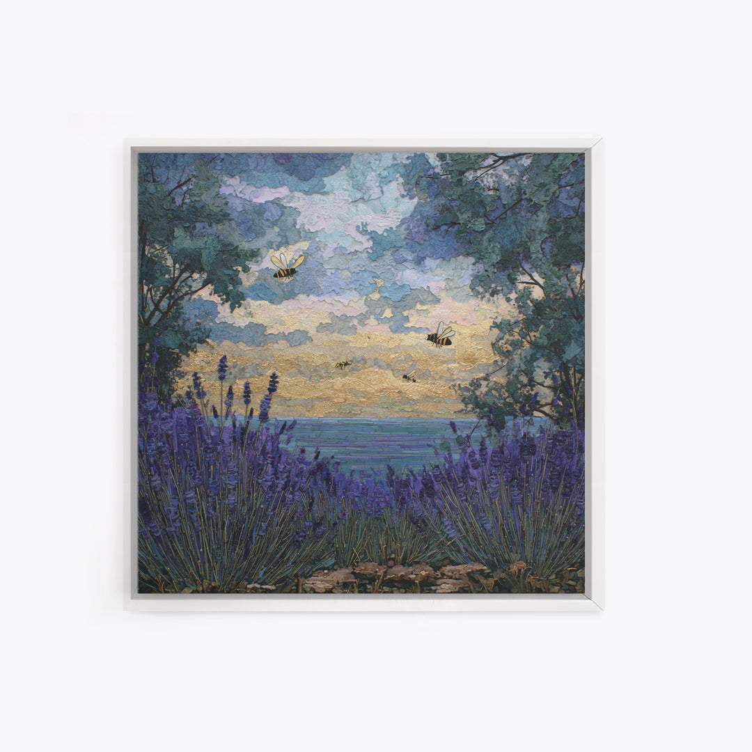 Bees Circling Lavender Blossoms Canvas Print, Nature Art, Neutral Decor, Living Room Decor, Fine Art, Nature, Wall Art, NAT-1x1-95
