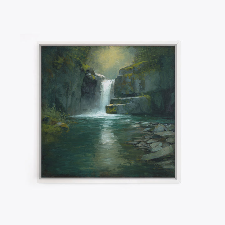Waterfall Hidden Among Dark Green Rocks Canvas Print, Nature Art, Wall Art, Living Room Decor, Fine Art, Nature, Wood Wall Art, NAT-1x1-99