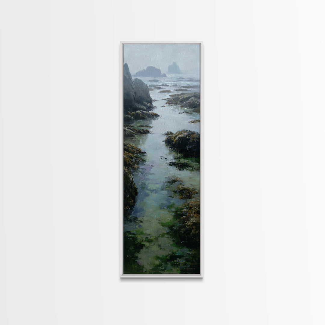 Calm Beach Tide Pooling Around Rocks Canvas Print, Nature Art, Boho Decor, Living Room Decor, Oil Painting, Nature, Wall Decor, NAT-1x3-12