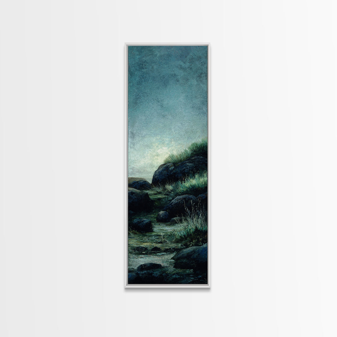 Waterfall Hidden Among Dark Green Rocks Framed Canvas Print, Nature Art, Home Decor, Living Room Decor, Abstract Art, Nature, NAT-1x3-15