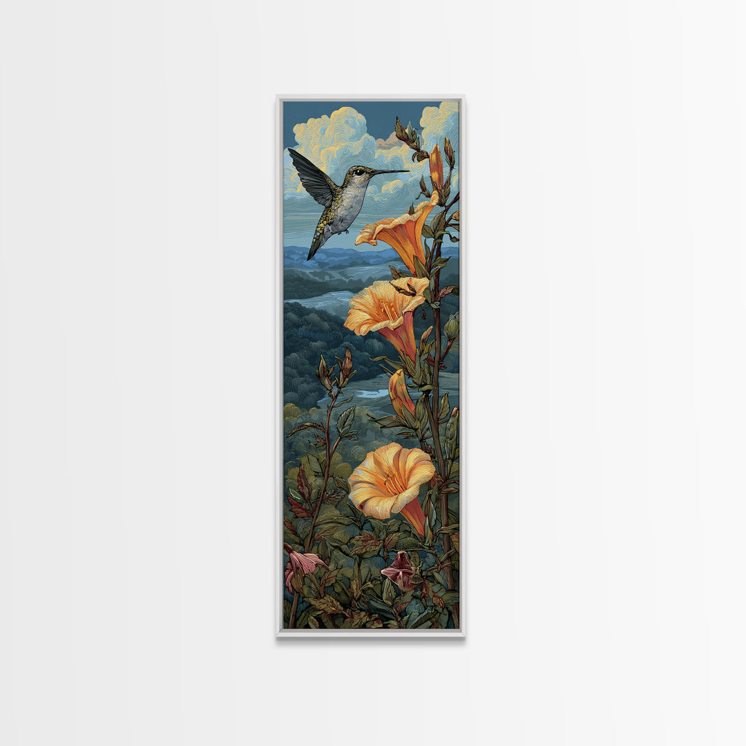 Hummingbird Beside Bright Trumpet Flowers Framed Canvas Print, Nature Art, Art Print, Living Room Decor, Oil Painting, Nature, NAT-1x3-24