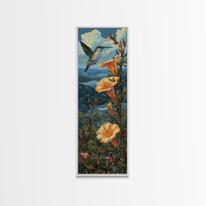 Hummingbird Beside Bright Trumpet Flowers Framed Canvas Print, Nature Art, Art Print, Living Room Decor, Oil Painting, Nature, NAT-1x3-24