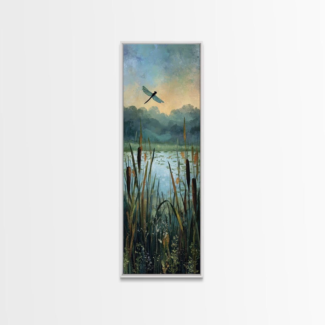 Dragonfly over a Pond with Reeds Framed Canvas Print, Nature Art, Botanical Art, Living Room Decor, Oil Painting, Nature, NAT-1x3-30