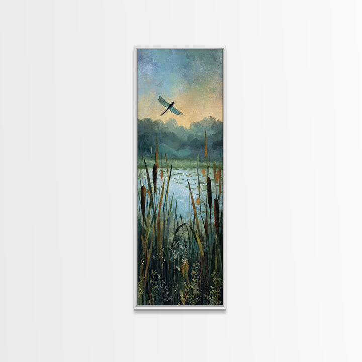 Dragonfly over a Pond with Reeds Framed Canvas Print, Nature Art, Botanical Art, Living Room Decor, Oil Painting, Nature, NAT-1x3-30