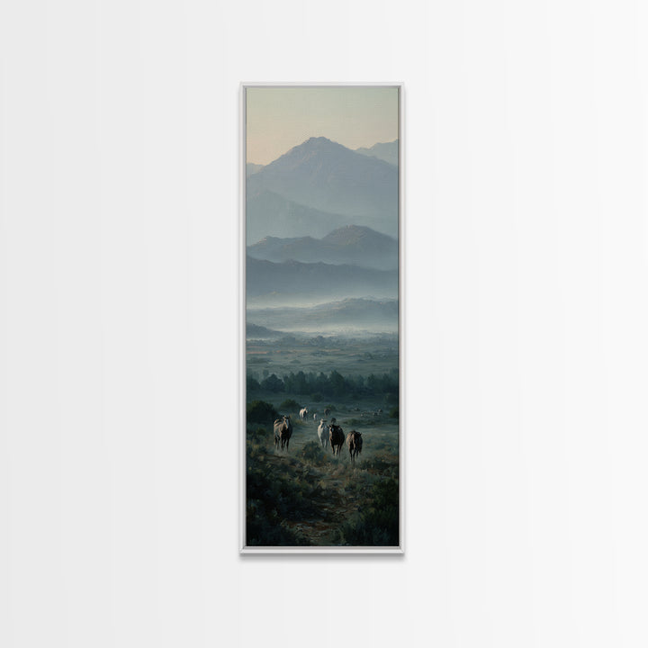 Wild Horses Running Near Mountain Ridge Framed Canvas Print, Nature Art, Digital Download Art, Living Room Decor, NAT-1x3-34