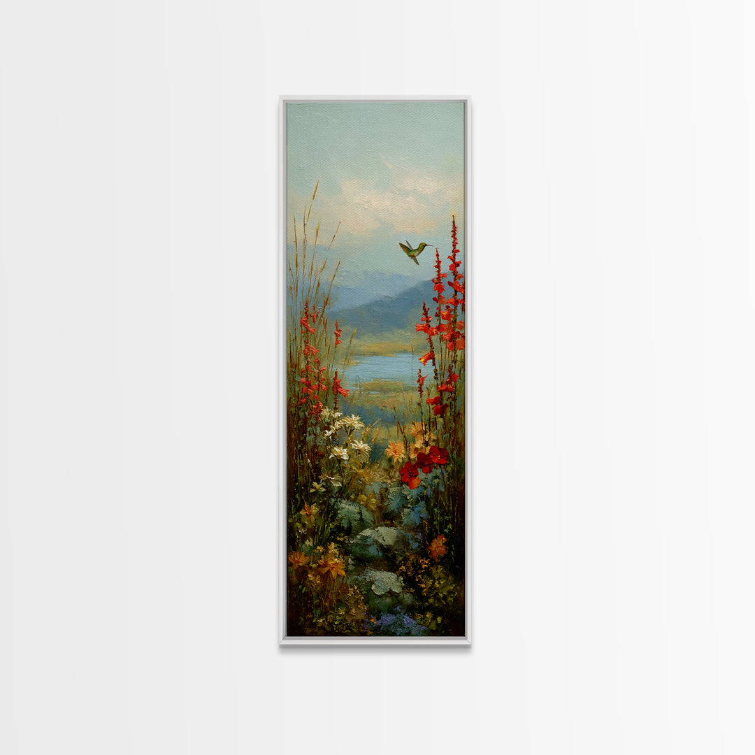 Hummingbird Beside Bright Trumpet Flowers Canvas Print, Nature Art, Wall Art, Living Room Decor, Watercolor Art, Nature, NAT-1x3-48