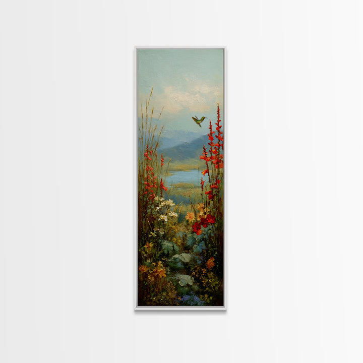 Hummingbird Beside Bright Trumpet Flowers Canvas Print, Nature Art, Wall Art, Living Room Decor, Watercolor Art, Nature, NAT-1x3-48