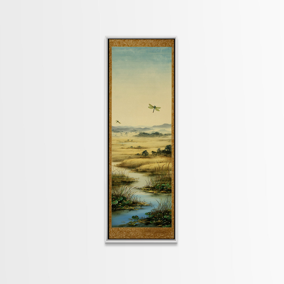 Dragonfly over a Pond with Reeds Framed Canvas Print, Nature Art, Botanical Art, Living Room Decor, Oil Painting, Nature, NAT-1x3-54