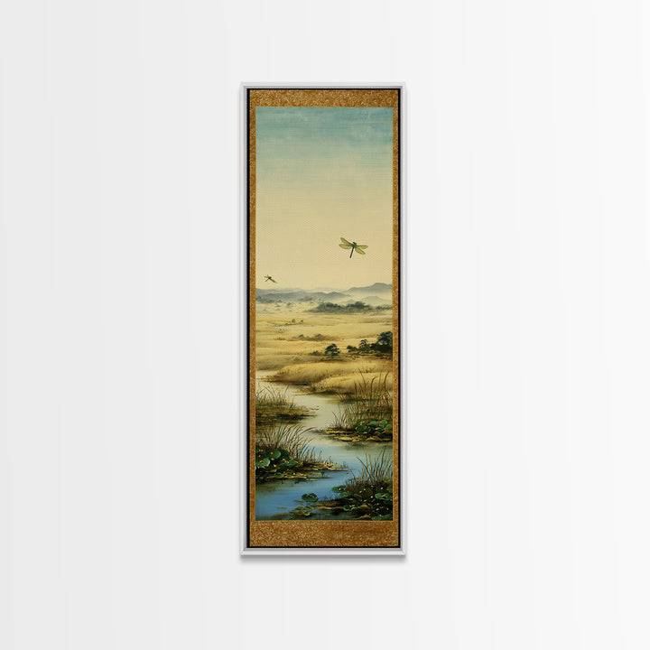 Dragonfly over a Pond with Reeds Framed Canvas Print, Nature Art, Botanical Art, Living Room Decor, Oil Painting, Nature, NAT-1x3-54