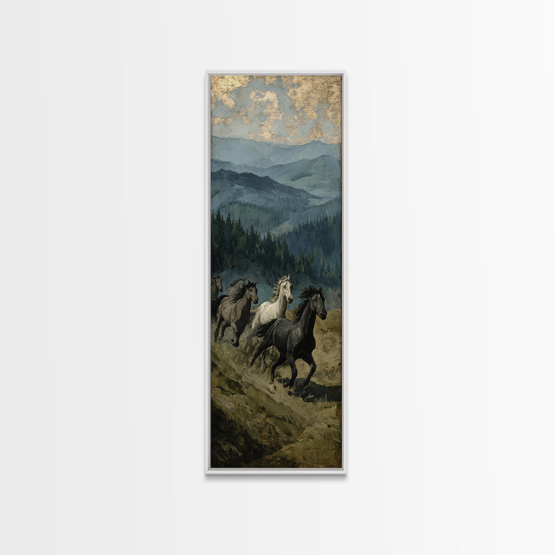 Wild Horses Running Near Mountain Ridge Framed Canvas Print, Nature Art, Digital Download Art, Living Room Decor, NAT-1x3-58