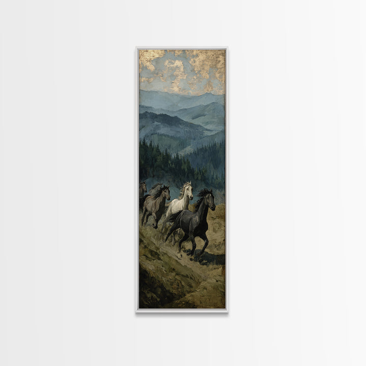 Wild Horses Running Near Mountain Ridge Framed Canvas Print, Nature Art, Digital Download Art, Living Room Decor, NAT-1x3-58