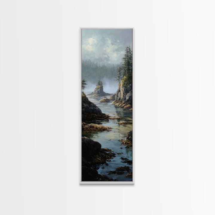 Calm Beach Tide Pooling Around Rocks Framed Canvas Print, Nature Art, Original Painting, Living Room Decor, Fine Art, Nature, NAT-1x3-84