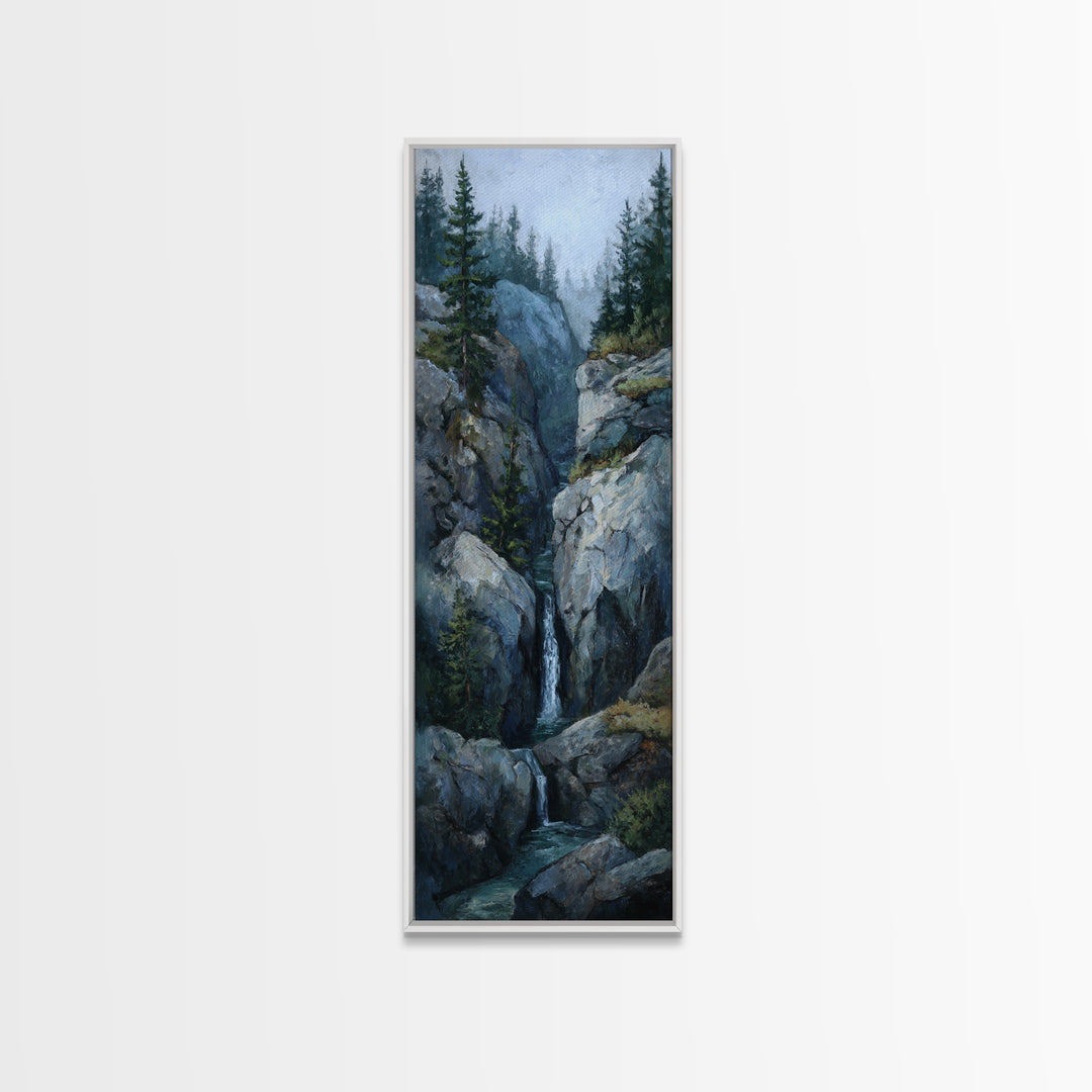 Waterfall Hidden Among Dark Green Rocks Framed Canvas Print, Nature Art, Botanical Art, Living Room Decor, Fine Art, Nature, NAT-1x3-87