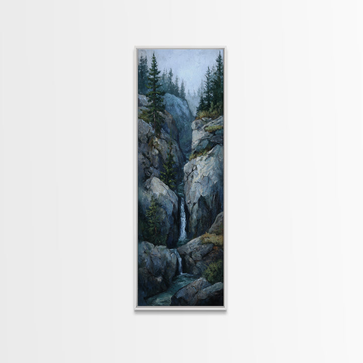 Waterfall Hidden Among Dark Green Rocks Framed Canvas Print, Nature Art, Botanical Art, Living Room Decor, Fine Art, Nature, NAT-1x3-87