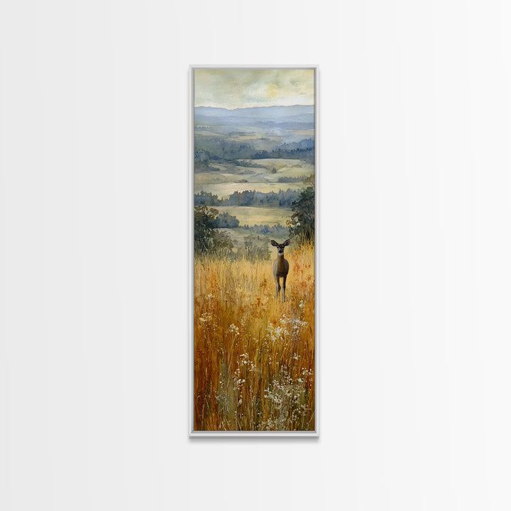 Deer Standing in a Golden Field Framed Canvas Print, Nature Art, Watercolor Painting, Living Room Decor, Fine Art, Nature, NAT-1x3-92