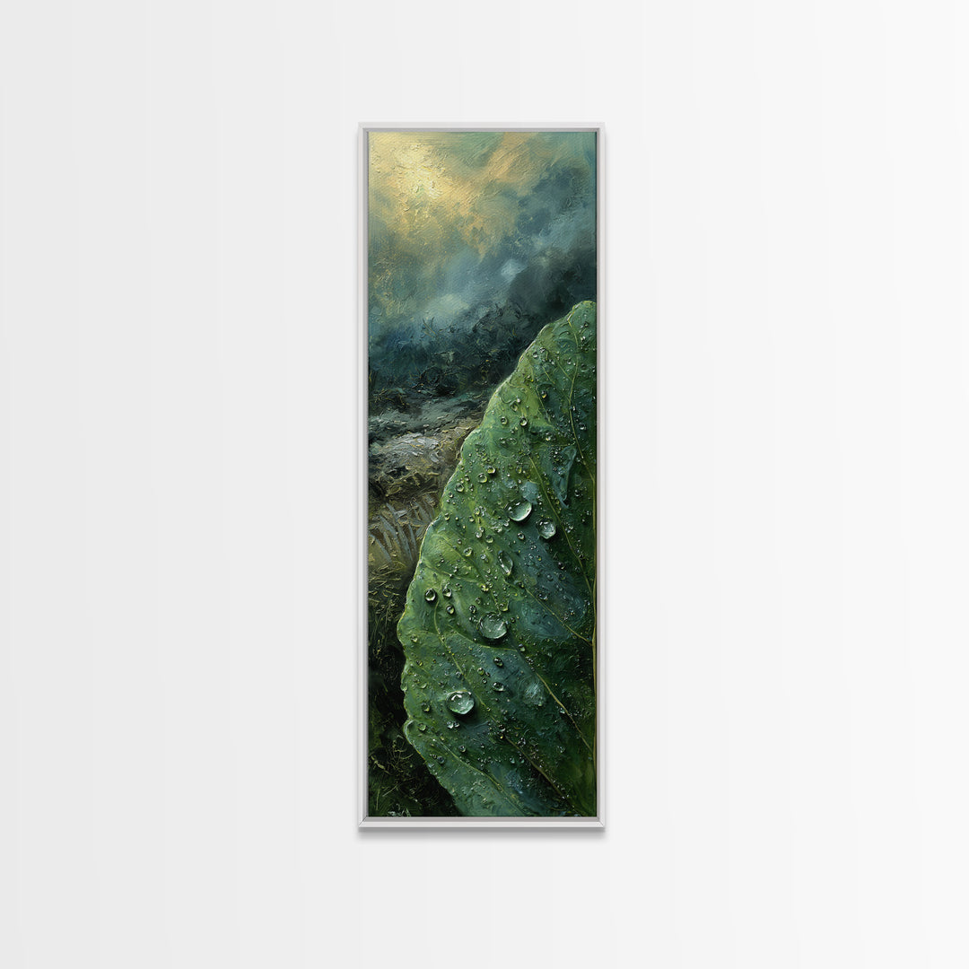 Rain Drops on a Large Green Leaf Canvas Print, Nature Art, Minimalist Decor, Living Room Decor, Fine Art, Nature, Artwork, NAT-1x3-93